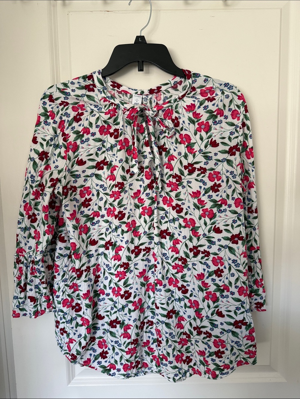 Old Navy White Floral Tie-Neck Blouse with Pink & Green
